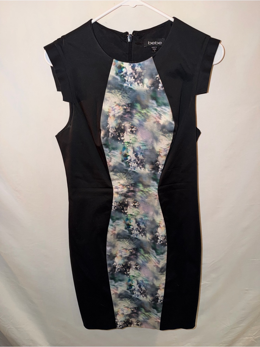 bebe Black Sheath Dress with Multicolor Abstract Front Panel